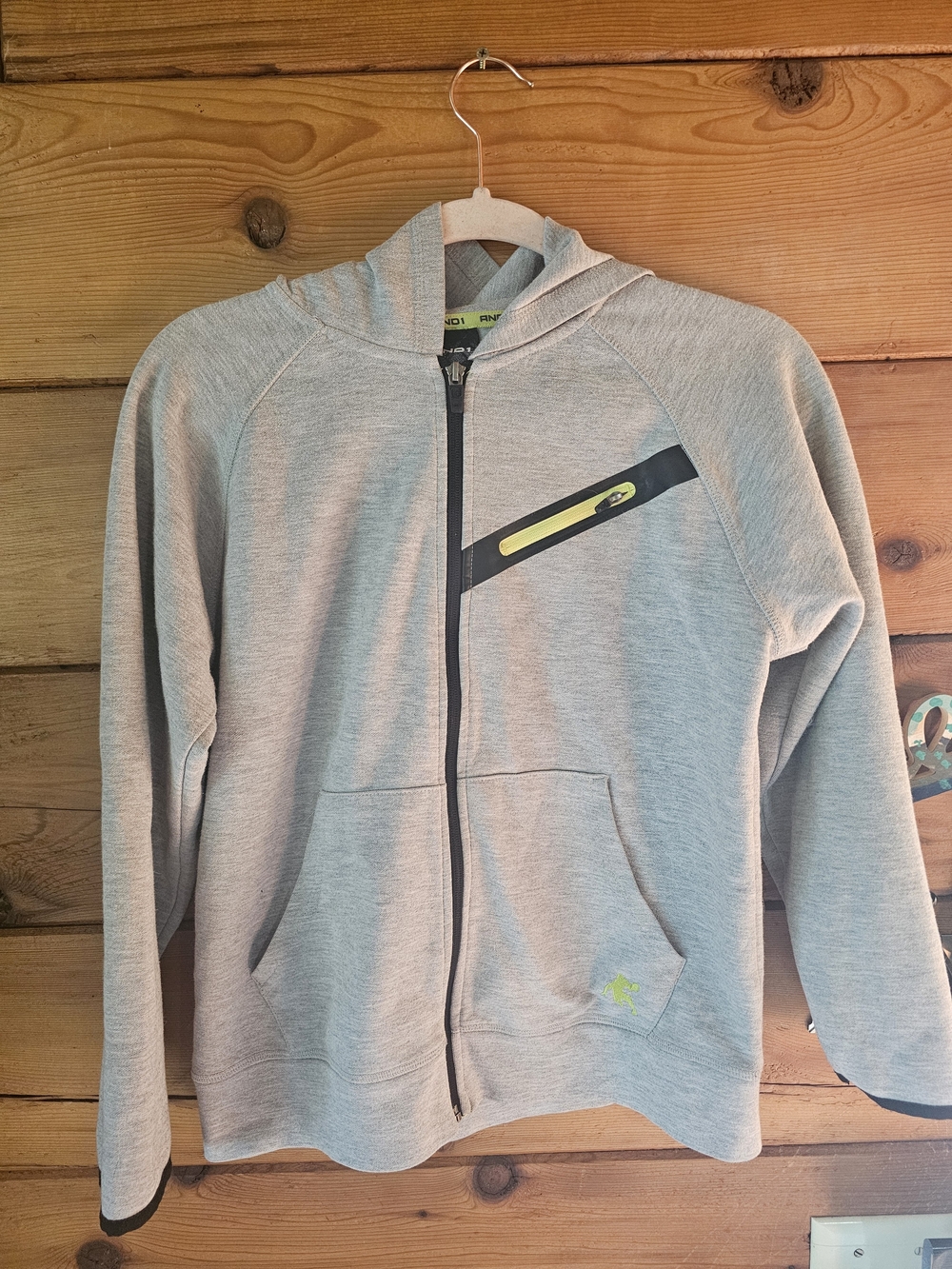 AND1 Boys Full-Zip Hoodie – Gray/Black/Neon Yellow – Size 10/12 (L)
